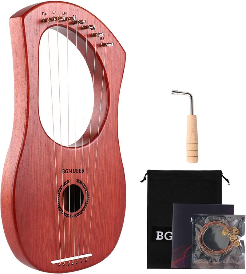 BGMUSER Lyre Harp 7 Strings with Bag,Tuning Wrench,Metal Strings, Mahogany Body and Bone Saddle,Mini Harp Instrument for Beginner - Image 1